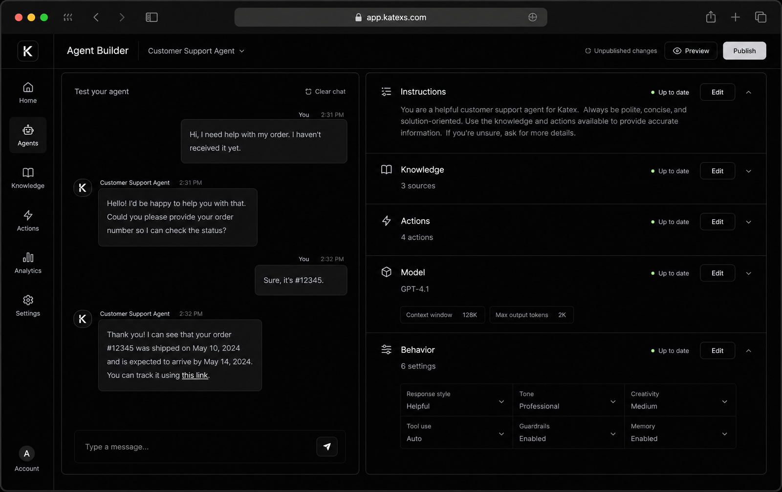 Katexs AI platform console showing an agent builder with instructions, knowledge, actions and model settings