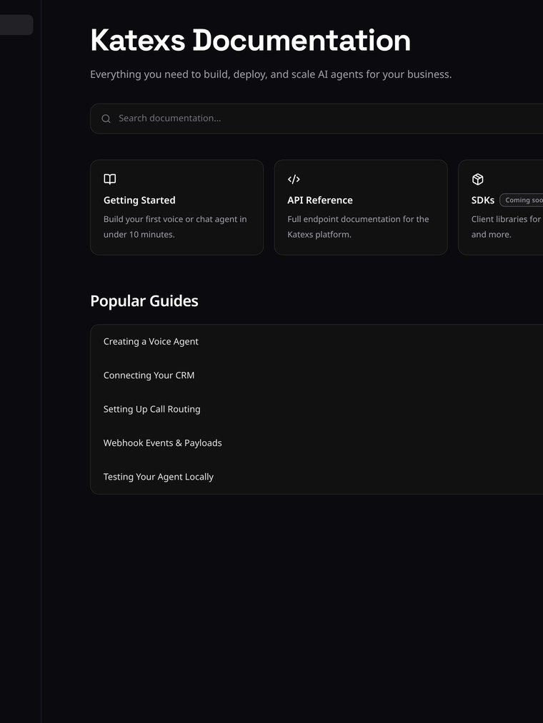 Developer Docs screen inside the Katexs platform