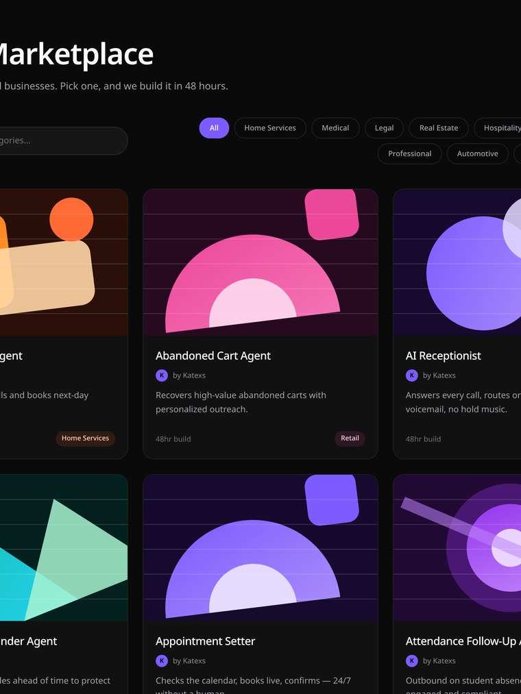 Agent Marketplace screen inside the Katexs platform
