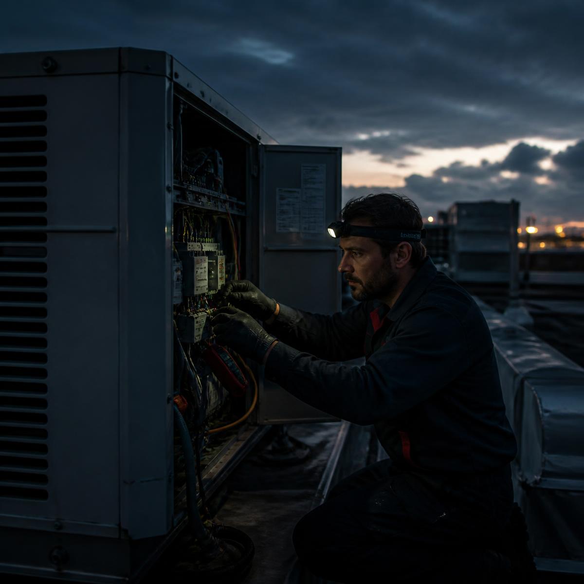 HVAC technician servicing a rooftop AC unit