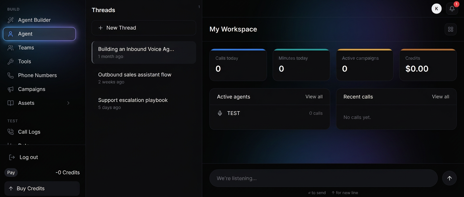 Katexs workspace console showing live agent metrics, threads and recent calls