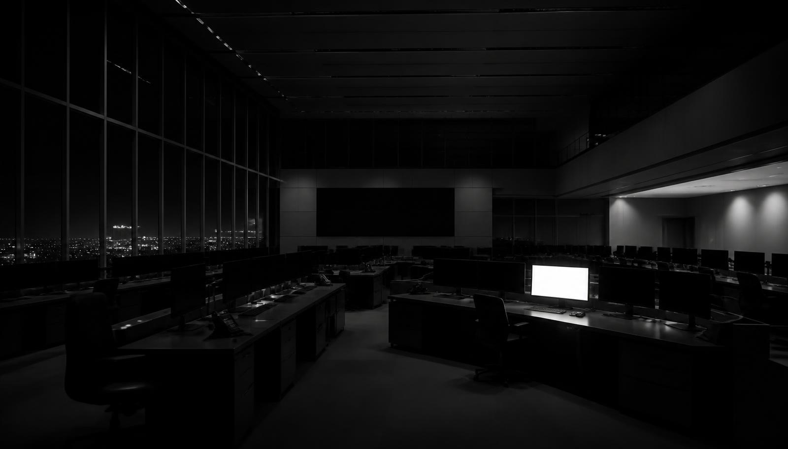 Empty operations floor at night with a single glowing screen