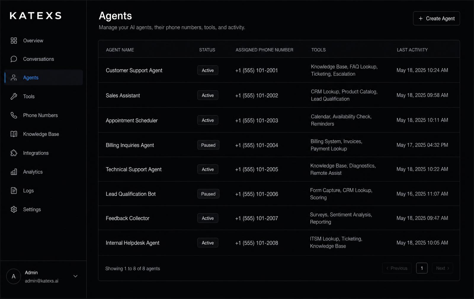 Katexs Agents workspace listing active and paused AI agents