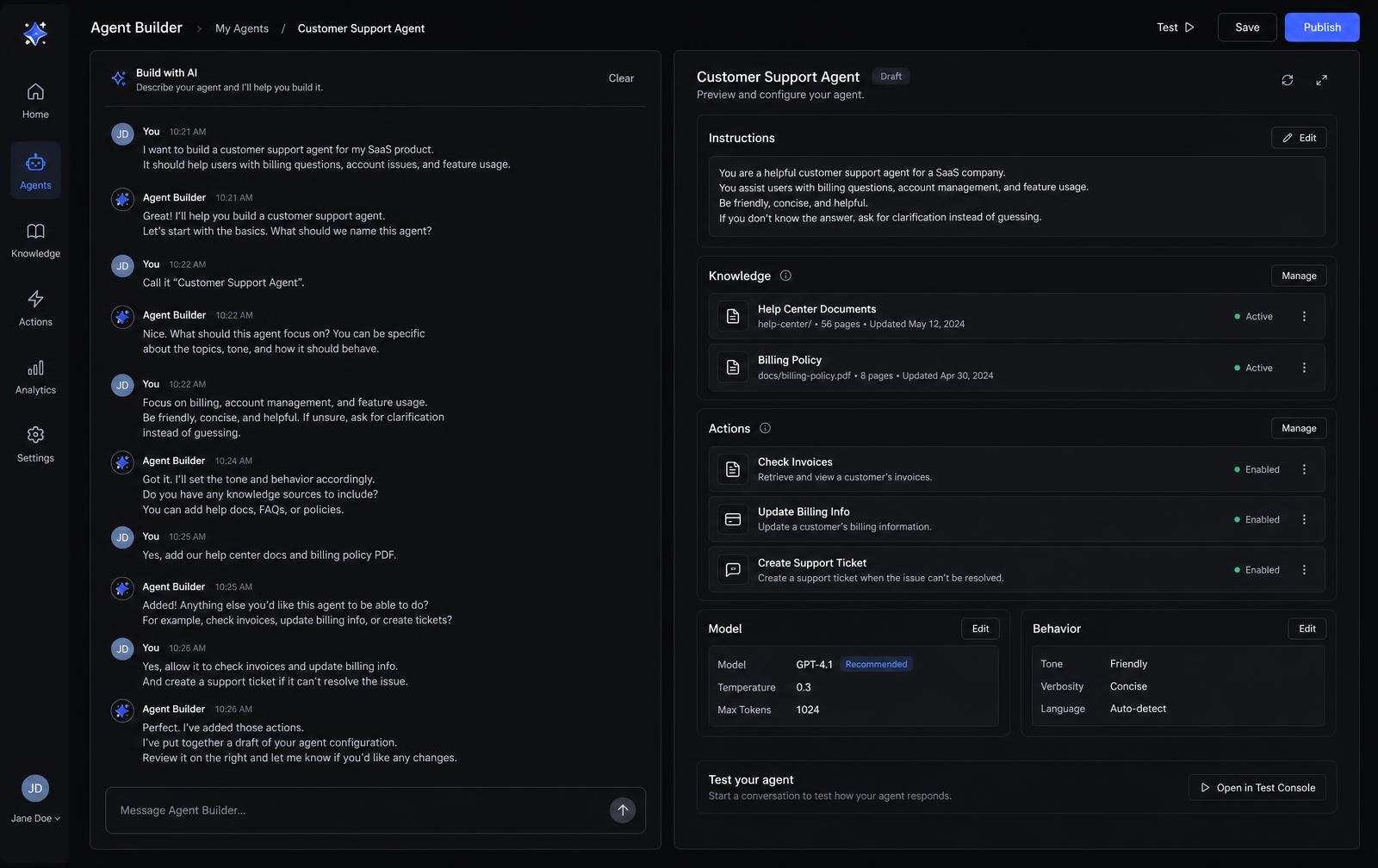 Katexs Creator workspace building an agent from a conversation