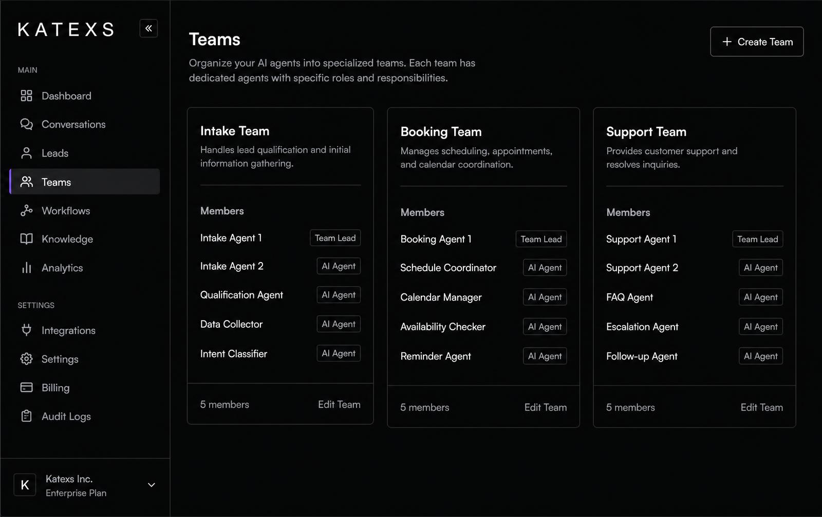 Katexs Teams workspace showing intake, booking and support agent teams